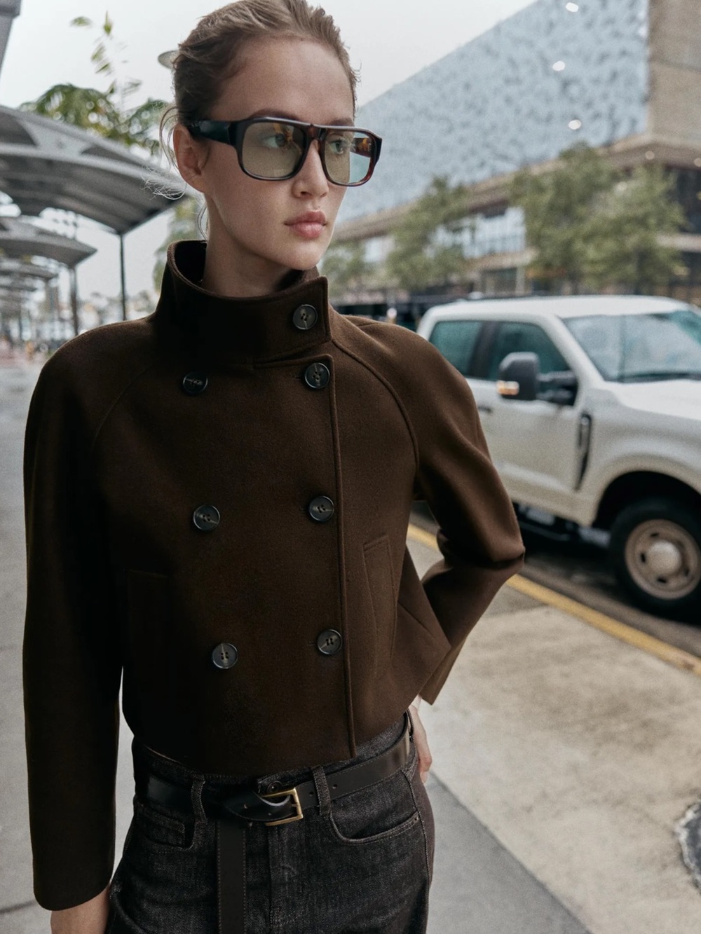 Zara Women's Double-Breasted Cropped Dark Brown Jacket